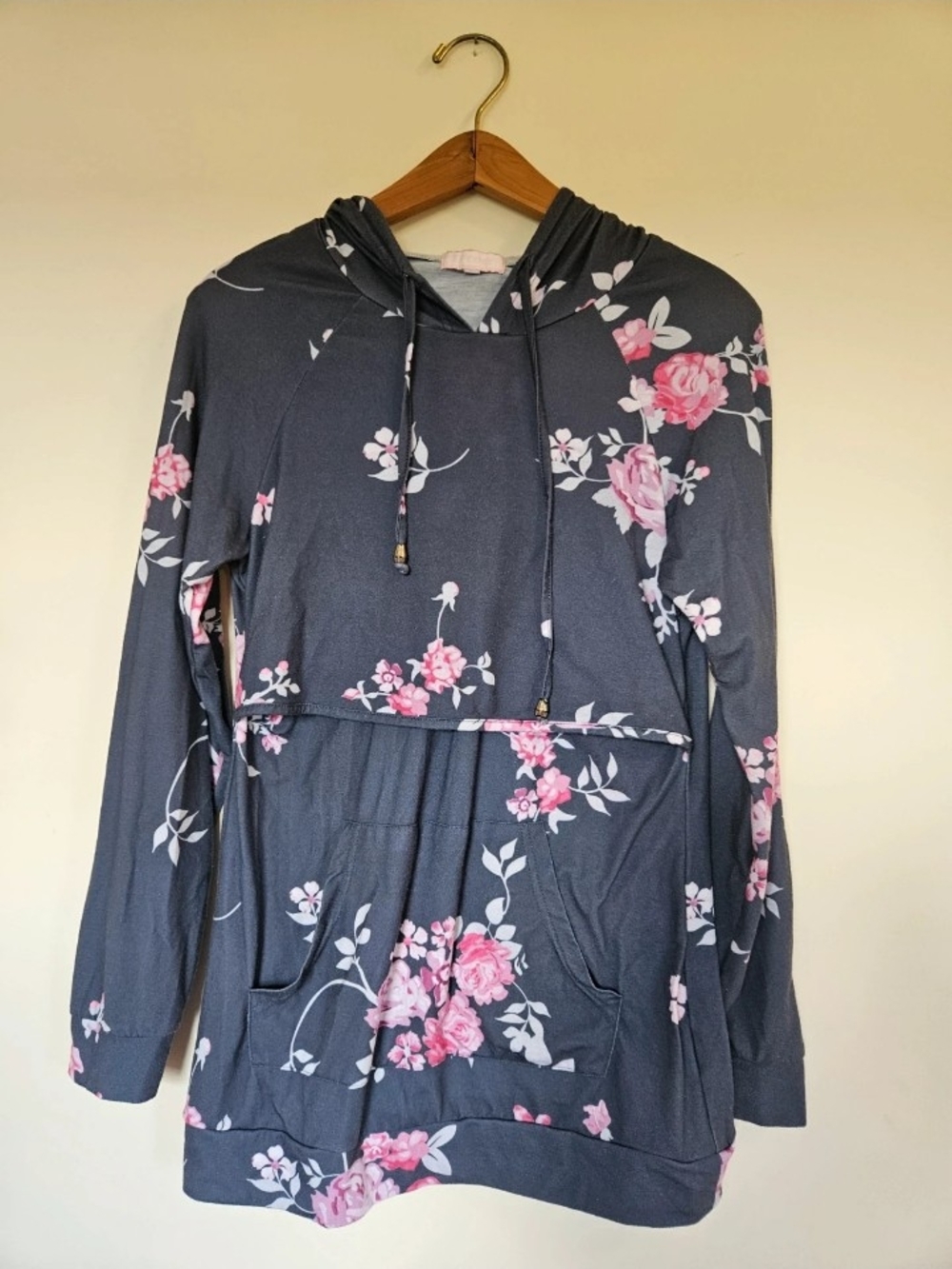 Cotton Floral Pullover Nursing Hoodie Sweatshirt - Blue with Pink Blossoms